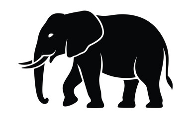 Walking elephant silhouette icon in black line art with extended trunk, visible tusks, and large ears for wildlife, nature, and cultural themes