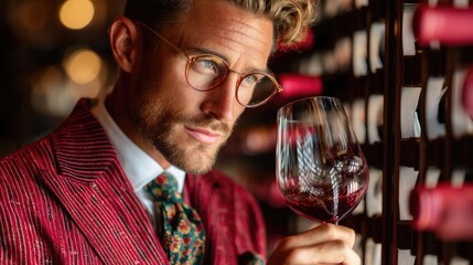 Stylish man examining wine glass in elegant wine cellar.
