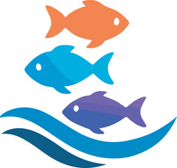 Vector logo of three colorful fish — orange, blue, and purple — swimming above stylized water waves in minimal style, symbolizing aquatic biodiversity, marine life harmony, underwater design assets, e
