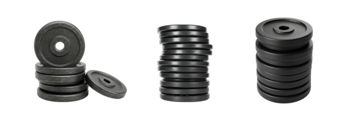 Three stacks of black weight plates are shown for fitness and strength training isolated on transparent background