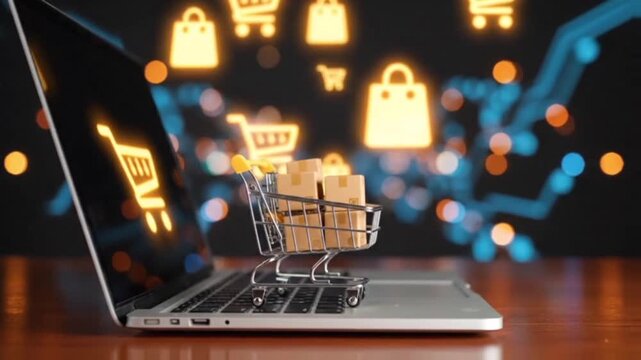 E-commerce Shopping: Mini Cart with Boxes on Laptop for Online Retail