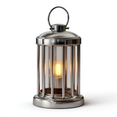 Vintage style lantern with glowing flame isolated on white background