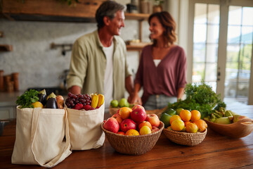 Smiling Couple Arranging Fresh Groceries in a Warm Home Kitchen