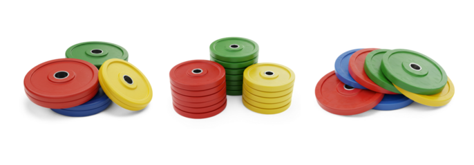 Colorful weight plates are stacked in groups, fitness equipment for strength training isolated on transparent background