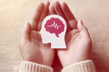 Hands gently holding a cutout of a human head with a brain and heartbeat line, symbolizing mental health and brain care.