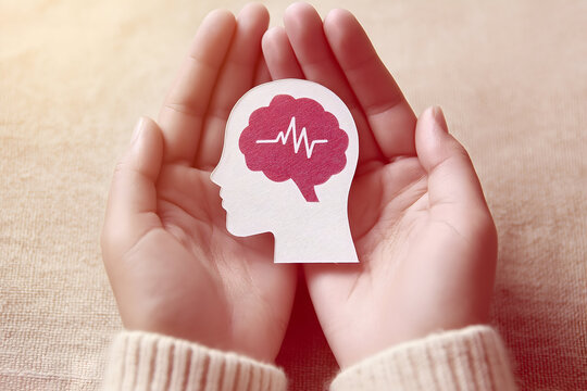 Hands gently holding a cutout of a human head with a brain and heartbeat line, symbolizing mental health and brain care. - Powered by Adobe