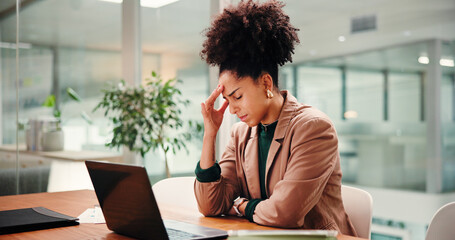 Frustrated woman, accountant or headache with stress on laptop for project budget or debt in...
