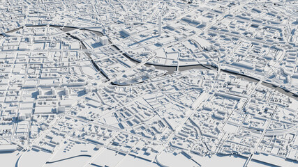 3D render map of Berlin cityscape. 3D illustration of an aerial view of Berlin, Germany.