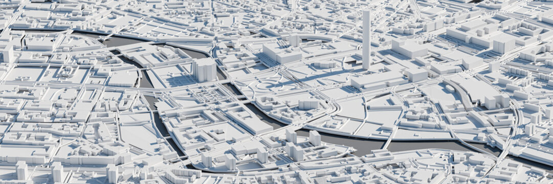 3D render map of Berlin cityscape. 3D illustration of an aerial view of Berlin, Germany.