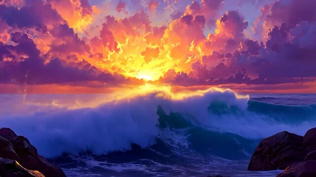 Dramatic sunset over ocean waves crashing on rocks
