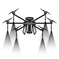 Agricultural drone with spraying system vector black and white illustration in isometric silhouette, symbol of smart farming, crop protection, unmanned technology and future of sustainable agriculture
