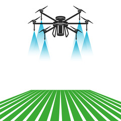 Smart agricultural drone spraying water or pesticides over green field vector minimal illustration, innovative farming, eco-friendly crop care, optimization and in monitoring crop growth.