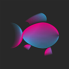 Abstract neon fish silhouette logo from blue-pink gradient thin lines in futuristic psychedelic style, symbol of aquatic life, cyberpunk creativity, aquarium and marine pet emblem on dark background.