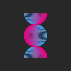Abstract neon DNA logo with blue-pink gradient lines pattern in psychedelic futuristic style on black background, symbol of science, connection, duality, digital transformation in generative design.
