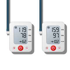 Digital blood pressure monitors with medical readings showing normal and high hypertension levels, realistic 3d vector electronic healthcare device pulse rate on display, isolated on white background.