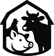 Vector logo of black barn structure containing cow, pig, and chicken silhouettes inside representing farm animal diversity, livestock harmony, agricultural branding, rural life identity, organic food 