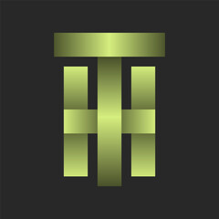 Initials TH or HT monogram logo in lime green gradient on black background, stripes stylish with shadows overlapping two letters T and H design emblem, typography mark.