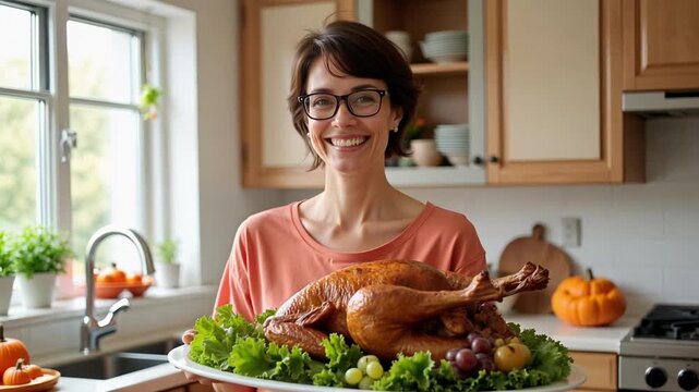 A smiling woman joyfully presents a roasted turkey in a warmly lit kitchen, celebrating Thanksgiving togetherness in stunning 4k detail.