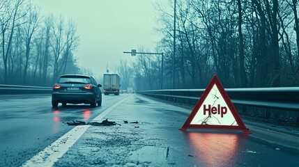 Minimalist Still Life: Car's Rear with Cracked Taillight on Shoulder, Hazard Lights Flashing, "Help" Triangle, Empty Highway
