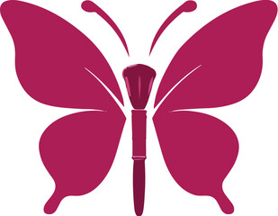 Vector logo of magenta butterfly with stylized central wing resembling a makeup brush, symbolizing beauty branding, cosmetics elegance, artistic identity, skincare representation, fashion creativity, 