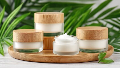 Skincare containers with light cream, displayed on a wooden tray.