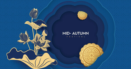 Paper graphic blue of Mid Autumn Mooncake Festival 2025 theme with oriental lotus