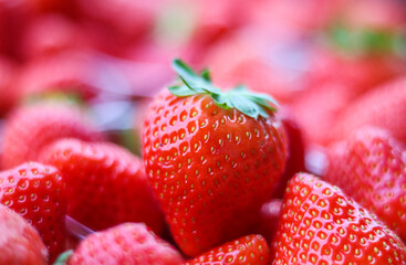 A close-up of a perfectly ripe, red strawberry with its green stem, surrounded by a blurry...