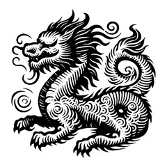 Detailed Black and White Dragon Illustration with Intricate Swirls and Linework