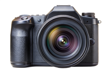 front close up shot of camera isolated on white background PNG , AI GENERATED