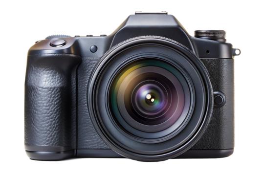 front close up shot of camera isolated on white background PNG , AI GENERATED