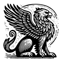 Obraz premium Detailed Monochrome Illustration of a Seated Griffin with Spread Wings and Textured Circle