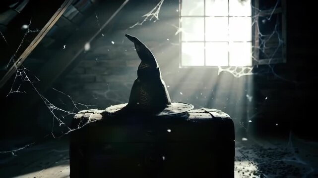 A witch&rsquo;s hat and treasure chest in an attic illuminated by sunlight