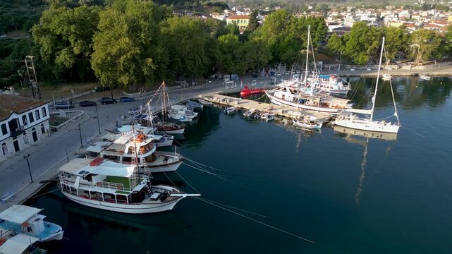 Aerial drone footage of the port of Limenas on the island of Thassos