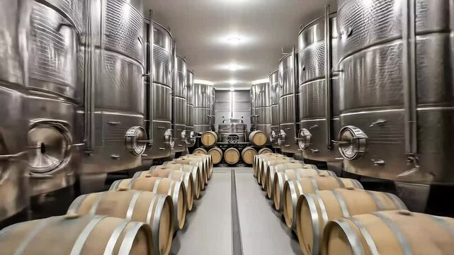 Interior of a modern wine cellar showcasing stainless steel fermentation tanks and wooden barrels