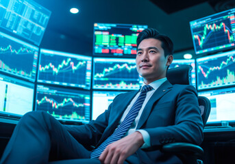 A businessman sits confidently with a glowing financial stock graph display behind him. The concept of market strategy, economic growth, and data-driven investment.
