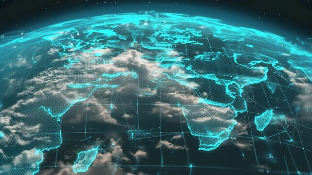 3D Animation of Earth with Glowing Digital Grid and Cloud Movement