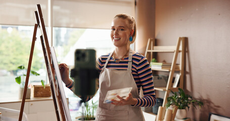 Painter, phone and woman recording a video in home studio for creative hobby, advice and tips. Art...