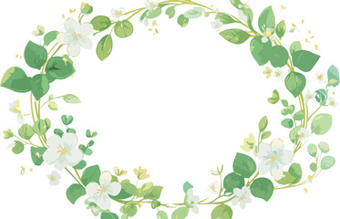 Obraz premium Watercolor Floral Wreath with White Flowers and Green Leaves on White Background