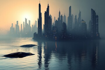 Fototapeta premium Futuristic city skyline reflected in a misty waterway.