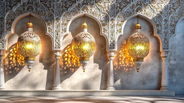 elegant ramadan background showcasing golden lanterns with intricate designs and warm glowing light casting delicate shadows on a textured wall for festive and serene ambiance