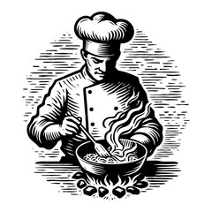 Obraz premium Monochrome Illustration of Chef Stirring Steaming Bowl over Fire in Woodcut Style