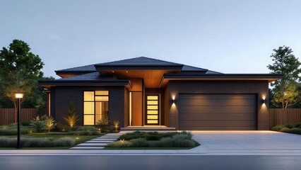 Exterior view of a modern single story home with a garage and landscaped front yard at dusk time