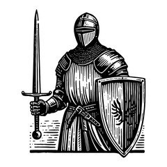 Obraz premium Monochrome Knight in Full Armor Holding Sword and Shield Detailed Woodcut Style