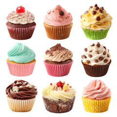 Nine colorful cupcakes with various frosting and toppings