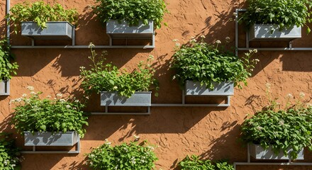 Fototapeta premium Green Plants in Metal Planters on Terracotta Wall