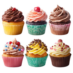 Six colorful cupcakes in various frosting colors and toppings