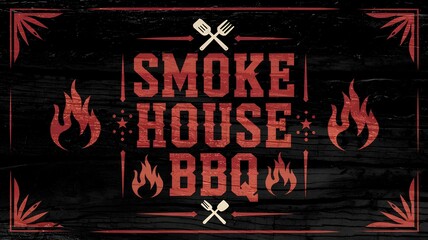 Smoke House BBQ Text with Fire Flames and Fork Spatula Emblem on Dark Charred Wood Background