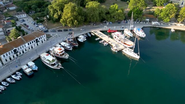 Aerial drone footage of the port of Limenas on the island of Thassos