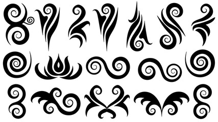 Set of Abstract Tribal Swirl and Spiral Design Elements.Black Vector Tattoo Style Collection.