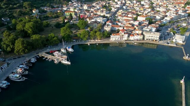Aerial drone footage of the port of Limenas on the island of Thassos